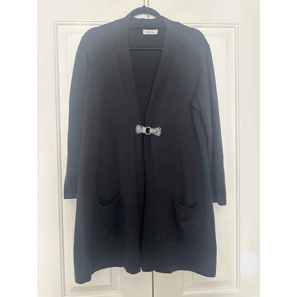 VTG Calvin Klein Sweater Womens Large‎ Black Merino Wool Long Cardigan Pockets